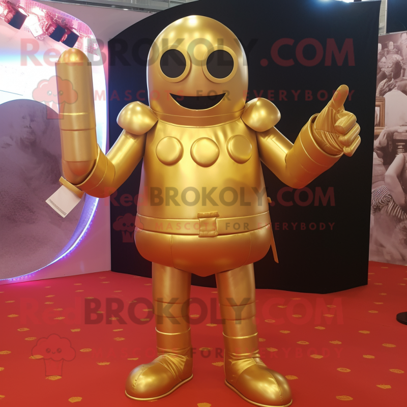 Gold Human Cannon Ball mascot costume character dressed with a Playsuit and Shoe clips