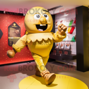 Gold Human Cannon Ball mascot costume character dressed with a Playsuit and Shoe clips