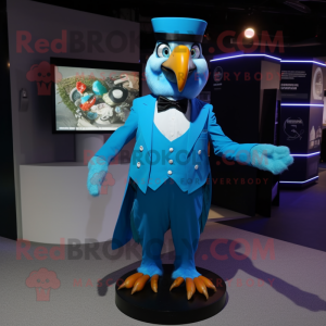 Cyan Macaw mascot costume character dressed with a Tuxedo and Rings