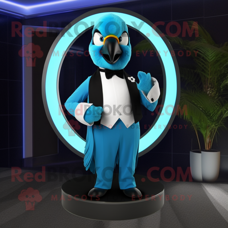 Cyan Macaw mascot costume character dressed with a Tuxedo and Rings