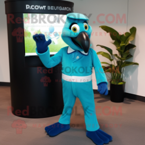 Cyan Macaw mascot costume character dressed with a Tuxedo and Rings