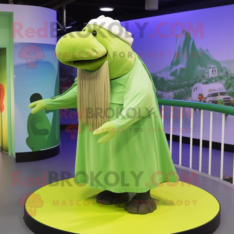 Lime Green Walrus mascot costume character dressed with a Pleated Skirt and Berets Lime Green Walrus mascot costume character dressed with a Pleated Skirt and Berets