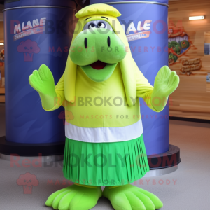 Lime Green Walrus mascot costume character dressed with a Pleated Skirt and Berets