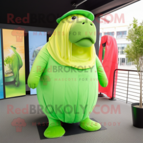 Lime Green Walrus mascot costume character dressed with a Pleated Skirt and Berets