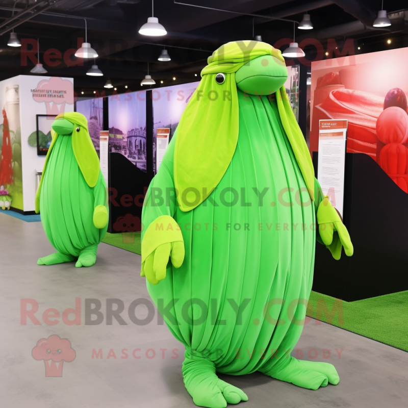 Lime Green Walrus mascot costume character dressed with a Pleated Skirt and Berets Lime Green Walrus mascot costume character dressed with a Pleated Skirt and Berets