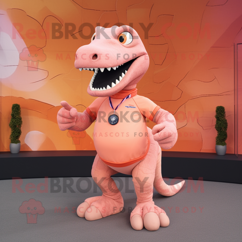 Peach Tyrannosaurus mascot costume character dressed with a Long Sleeve Tee and Smartwatches