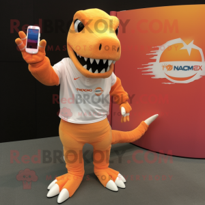 Peach Tyrannosaurus mascot costume character dressed with a Long Sleeve Tee and Smartwatches