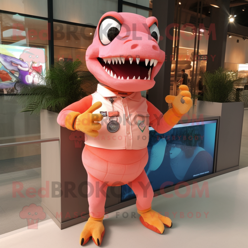 Peach Tyrannosaurus mascot costume character dressed with a Long Sleeve Tee and Smartwatches