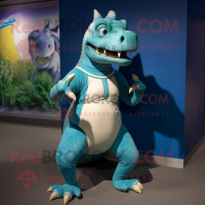 Teal Iguanodon mascot costume character dressed with a Yoga Pants and Shoe laces