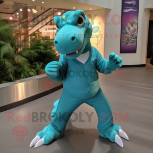 Teal Iguanodon mascot costume character dressed with a Yoga Pants and Shoe laces