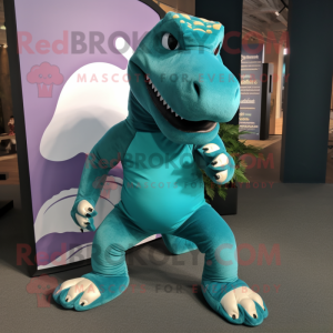 Teal Iguanodon mascot costume character dressed with a Yoga Pants and Shoe laces