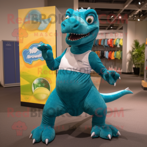 Teal Iguanodon mascot costume character dressed with a Yoga Pants and Shoe laces