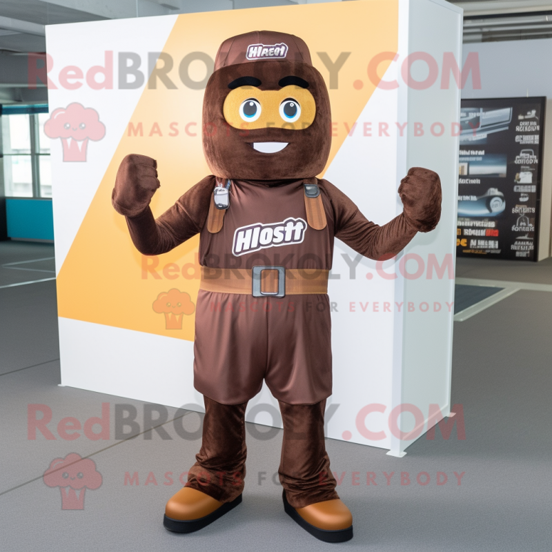 Rust Chocolate Bars mascot costume character dressed with a Jumpsuit and Watches