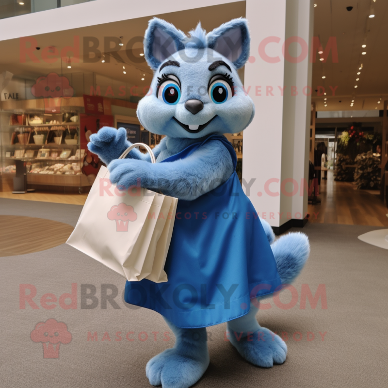 Blue Squirrel mascot costume character dressed with a Shift Dress and Tote bags