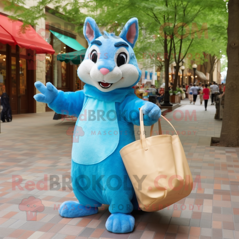 Blue Squirrel mascot costume character dressed with a Shift Dress and Tote bags