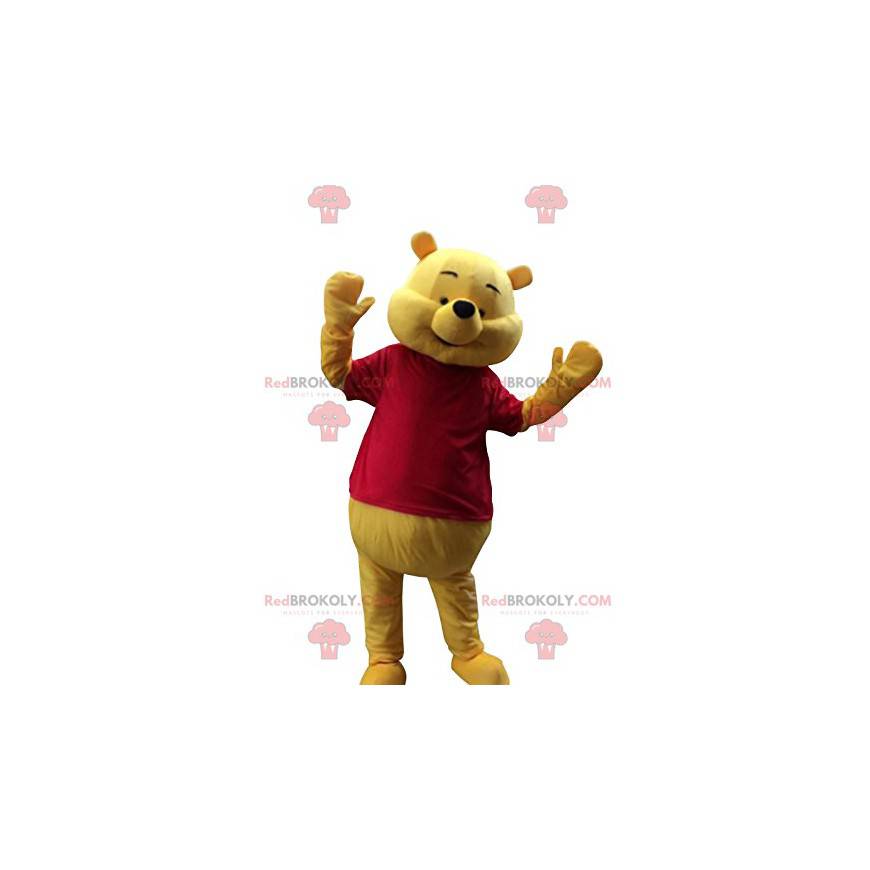 Winnie the Pooh mascot happy with his red t-shirt -