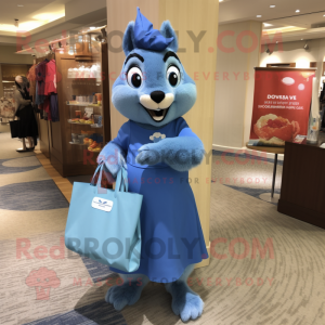 Blue Squirrel mascot costume character dressed with a Shift Dress and Tote bags