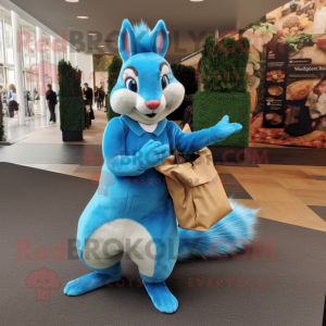Blue Squirrel mascot costume character dressed with a Shift Dress and Tote bags