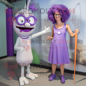 Lavender Knife Thrower mascot costume character dressed with a Midi Dress and Eyeglasses