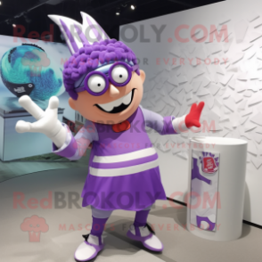 Lavender Knife Thrower mascot costume character dressed with a Midi Dress and Eyeglasses