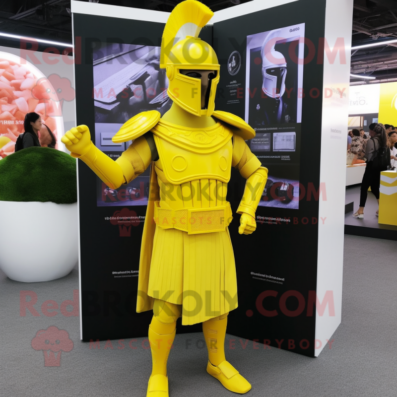 Lemon Yellow Spartan Soldier mascot costume character dressed with a Wrap Dress and Earrings