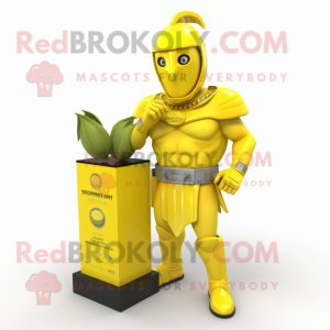 Lemon Yellow Spartan Soldier mascot costume character dressed with a Wrap Dress and Earrings