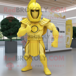 Lemon Yellow Spartan Soldier mascot costume character dressed with a Wrap Dress and Earrings