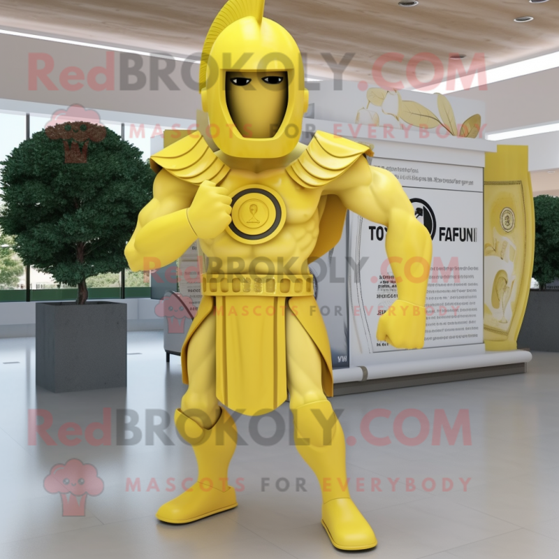 Lemon Yellow Spartan Soldier mascot costume character dressed with a Wrap Dress and Earrings