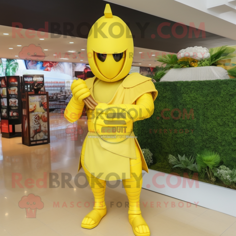 Lemon Yellow Spartan Soldier mascot costume character dressed with a Wrap Dress and Earrings