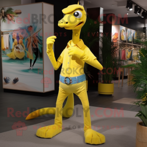 Lemon Yellow Coelophysis mascot costume character dressed with a Flare Jeans and Shoe clips