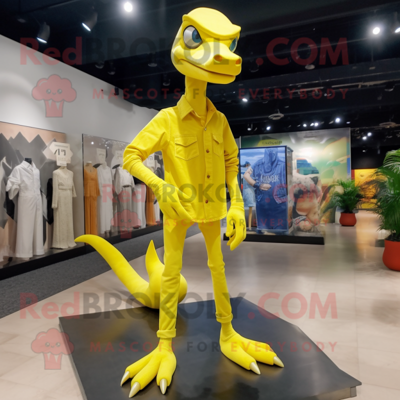 Lemon Yellow Coelophysis mascot costume character dressed with a Flare Jeans and Shoe clips