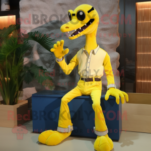 Lemon Yellow Coelophysis mascot costume character dressed with a Flare Jeans and Shoe clips