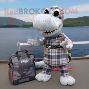 Silver Loch Ness Monster mascot costume character dressed with a Flannel Shirt and Clutch bags