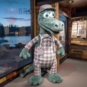 Silver Loch Ness Monster mascot costume character dressed with a Flannel Shirt and Clutch bags