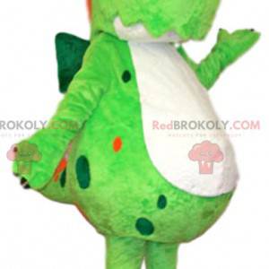 Mascote de dinossauro verde neon com sua crista vermelha -