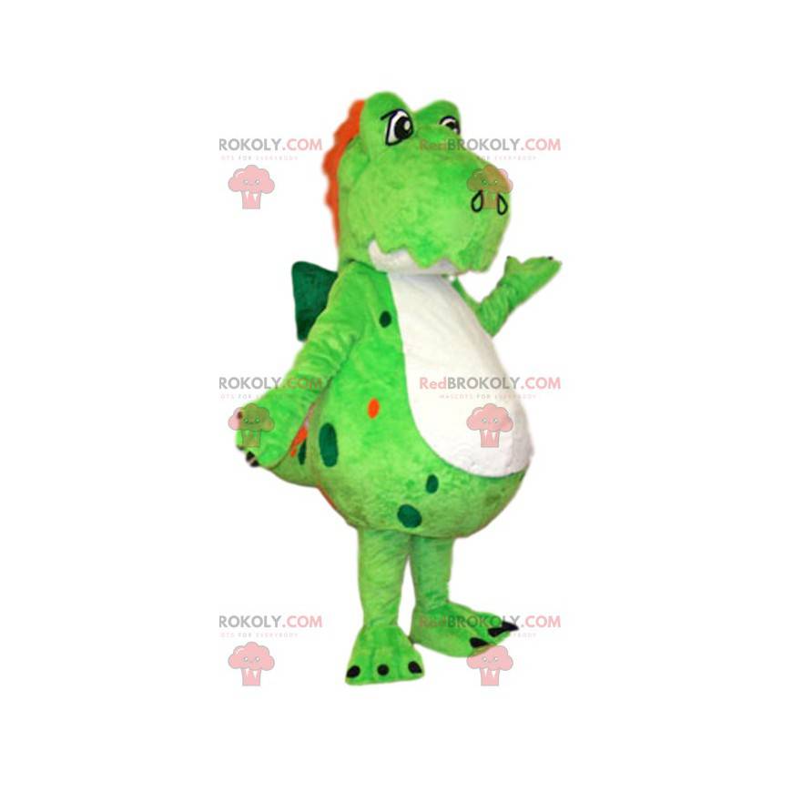 Mascote de dinossauro verde neon com sua crista vermelha -