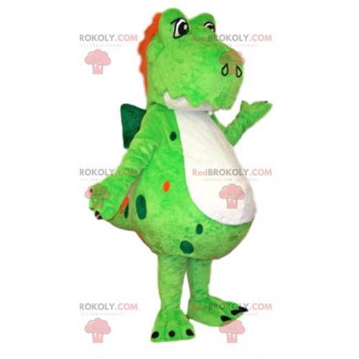 Mascote de dinossauro verde neon com sua crista vermelha -