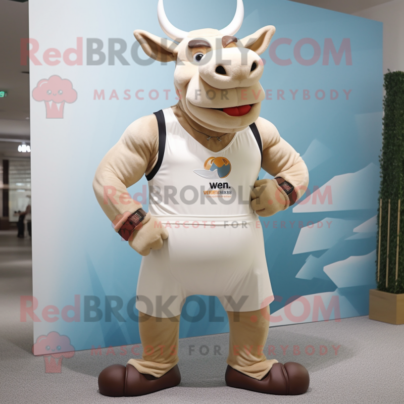 Cream Bull mascot costume character dressed with a Tank Top and Bracelets