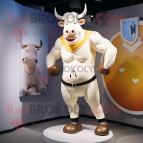 Cream Bull mascot costume character dressed with a Tank Top and Bracelets