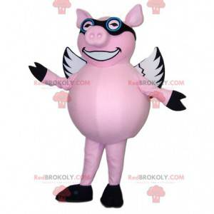 Pink pig mascot flying with his glasses - Redbrokoly.com