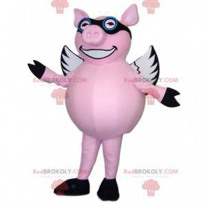 Rosa Schweinemaskottchen fliegt mit seiner Brille -