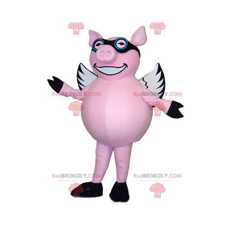 Pink pig mascot flying with his glasses - Redbrokoly.com