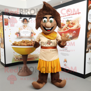 Brown Biryani mascot costume character dressed with a Polo Tee and Anklets