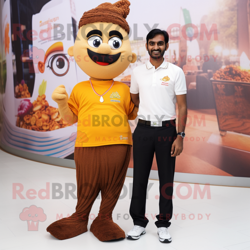 Brown Biryani mascot costume character dressed with a Polo Tee and Anklets