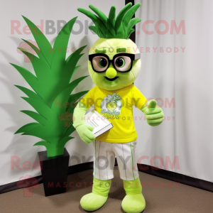 Lime Green Pineapple mascot costume character dressed with a Henley Tee and Reading glasses