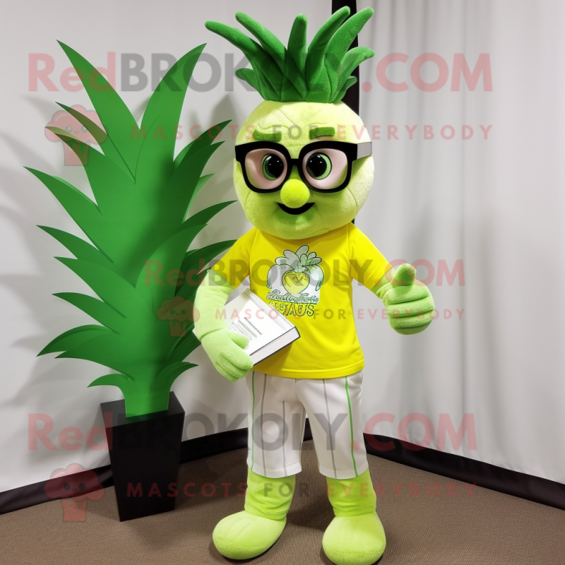 Lime Green Pineapple mascot costume character dressed with a Henley Tee and Reading glasses Lime Green Pineapple mascot costume character dressed with a Henley Tee and Reading glasses