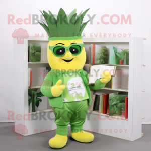 Lime Green Pineapple mascot costume character dressed with a Henley Tee and Reading glasses