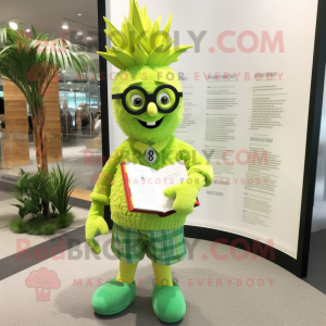 Lime Green Pineapple mascot costume character dressed with a Henley Tee and Reading glasses