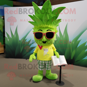 Lime Green Pineapple mascot costume character dressed with a Henley Tee and Reading glasses
