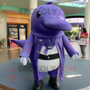 Lavender Humpback Whale mascot costume character dressed with a Rash Guard and Belts